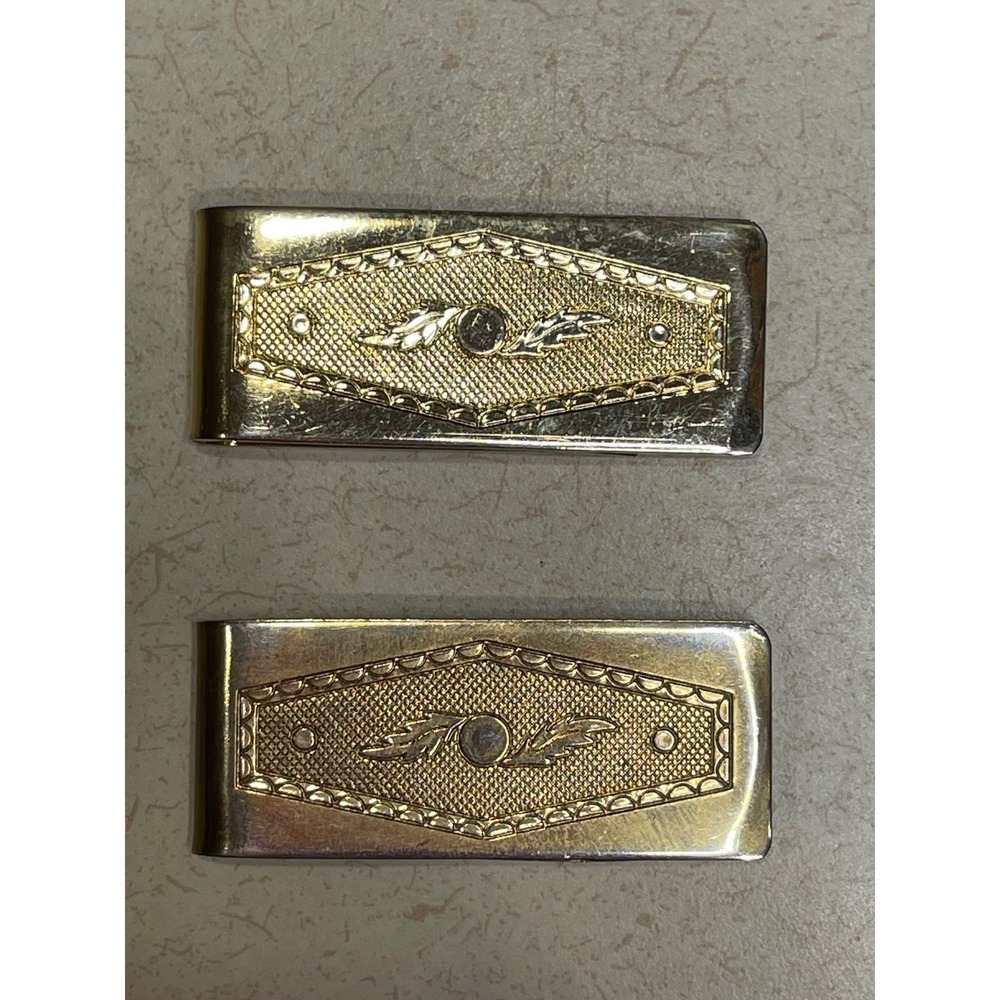 Vintage Gold Tone Engraved Money Clip Set Western Design Textured Leaf 2pc Mens